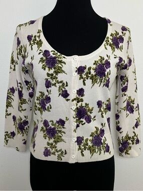 Purple Floral Scoop Neck Cardigan Sweater